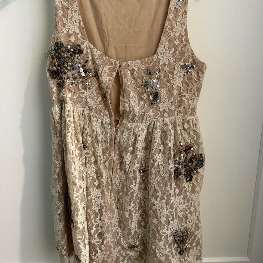 Zara Beige Lace Midi Dress with Sequin Embellishments